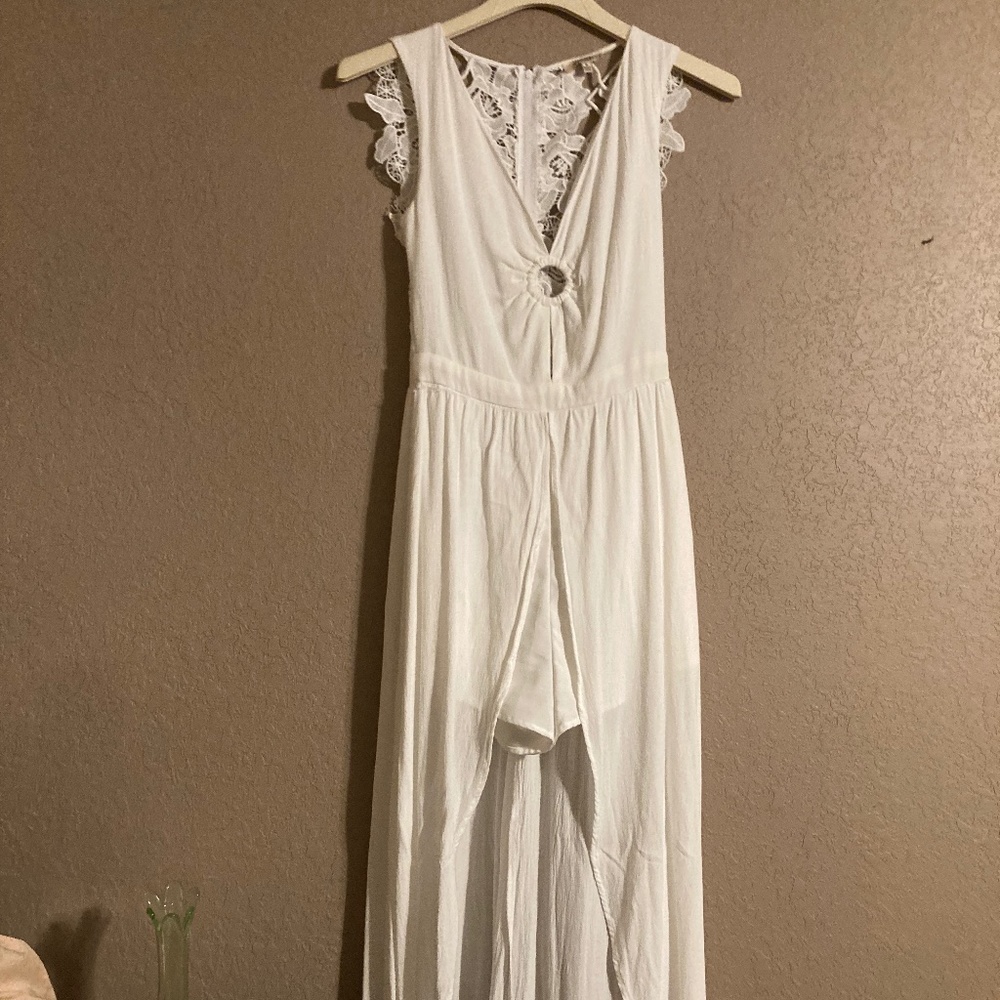 a. peach romper/maxi dress